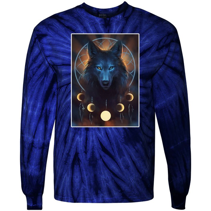 Wolf Dream Catcher Moon Phases  Tie-Dye Long Sleeve Shirt