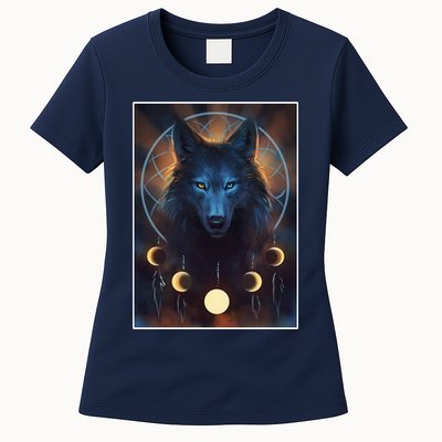 Wolf Dream Catcher Moon Phases  Womens T-Shirt