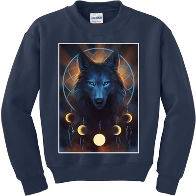 Wolf Dream Catcher Moon Phases  Kids Sweatshirt