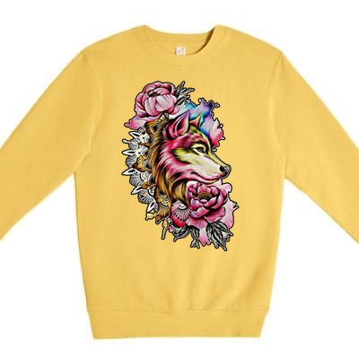 Wolf Flower Floral Cool Illustration Premium Crewneck Sweatshirt