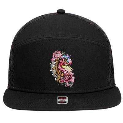 Wolf Flower Floral Cool Illustration 7 Panel Mesh Trucker Snapback Hat