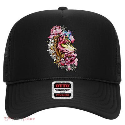 Wolf Flower Floral Cool Illustration High Crown Mesh Back Trucker Hat
