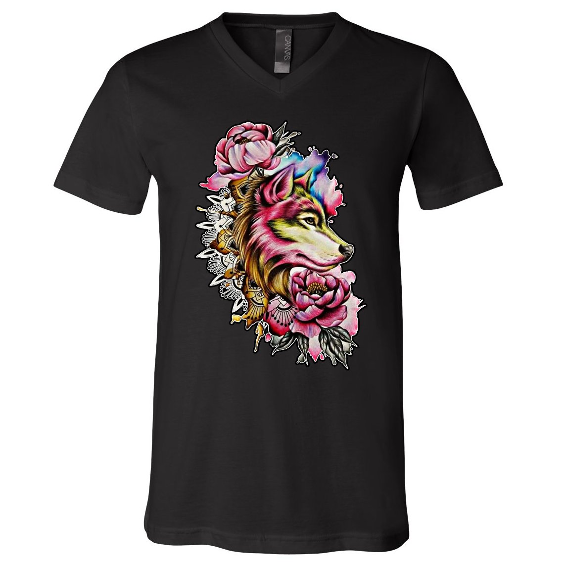 Wolf Flower Floral Cool Illustration V-Neck T-Shirt
