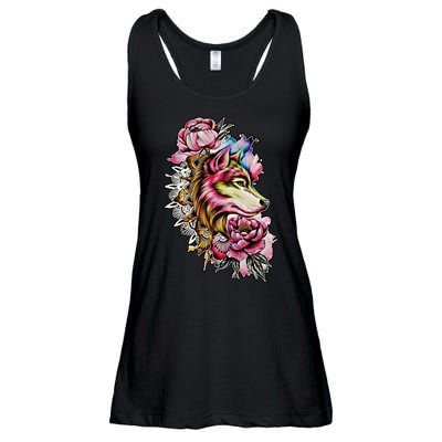 Wolf Flower Floral Cool Illustration Ladies Essential Flowy Tank