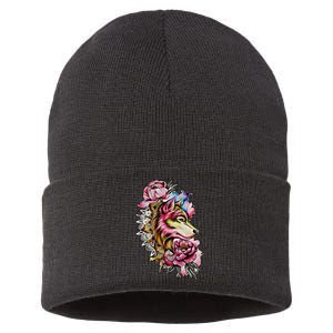 Wolf Flower Floral Cool Illustration Sustainable Knit Beanie