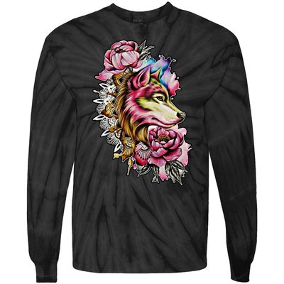 Wolf Flower Floral Cool Illustration Tie-Dye Long Sleeve Shirt