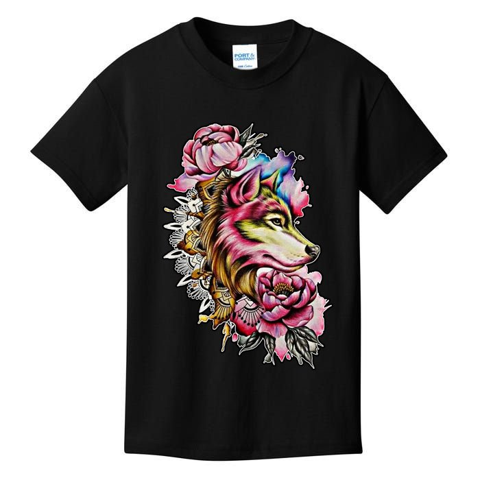 Wolf Flower Floral Cool Illustration Kids T-Shirt