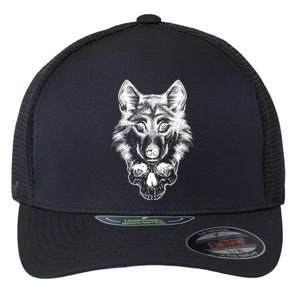 Wolf Head On Skull Graphic Flexfit Unipanel Trucker Cap