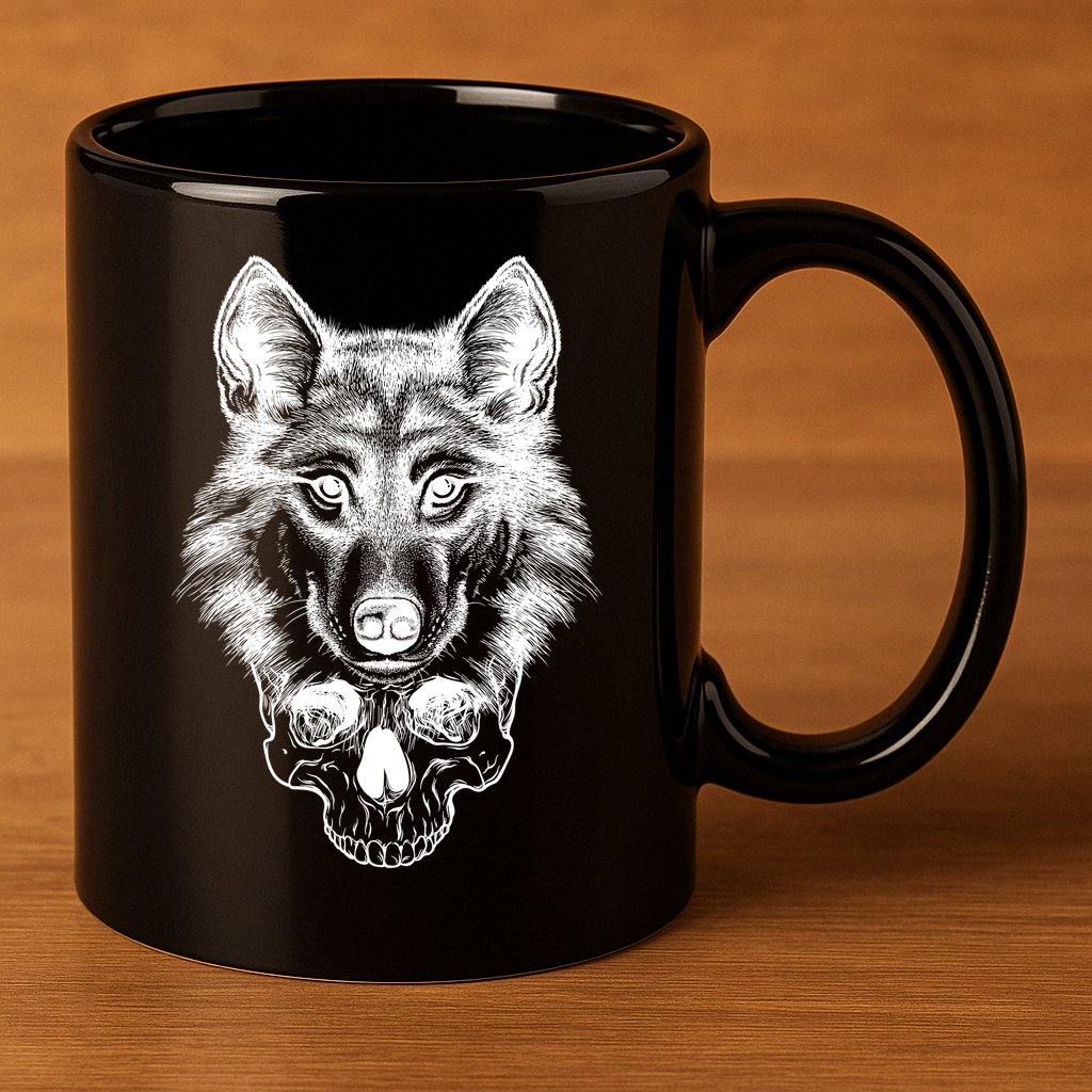 Wolf Head On Skull Graphic 11oz C Handle Ceramic Mug