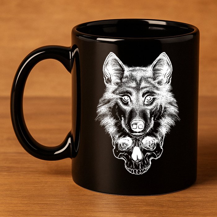 Wolf Head On Skull Graphic 11oz C Handle Ceramic Mug