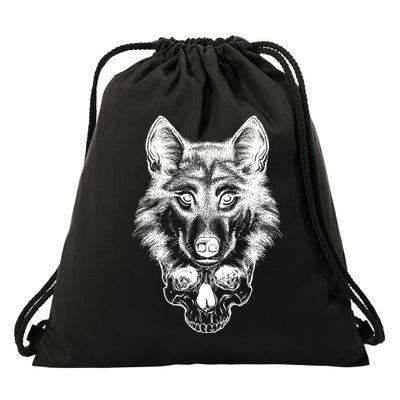 Wolf Head On Skull Graphic Drawstring Bag