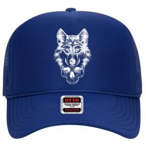 Wolf Head On Skull Graphic High Crown Mesh Back Trucker Hat