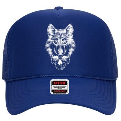 Wolf Head On Skull Graphic High Crown Mesh Back Trucker Hat