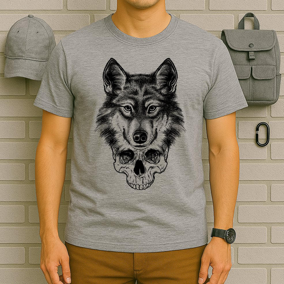 Wolf Head On Skull Graphic T-Shirt