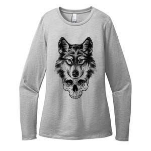 Wolf Head On Skull Graphic Womens CVC Long Sleeve Shirt