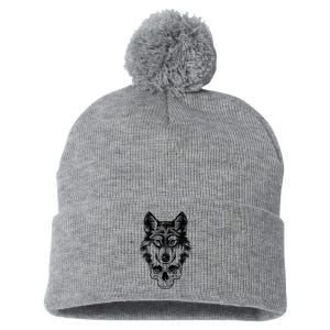 Wolf Head On Skull Graphic Pom Pom 12in Knit Beanie