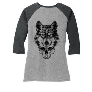 Wolf Head On Skull Graphic Women's Tri-Blend 3/4-Sleeve Raglan Shirt