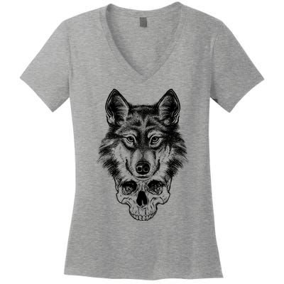 Wolf Head On Skull Graphic Women's V-Neck T-Shirt