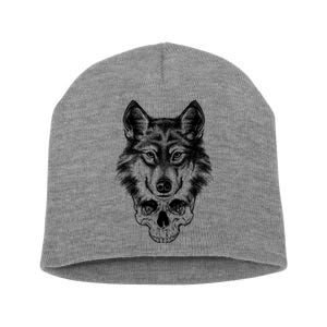 Wolf Head On Skull Graphic Short Acrylic Beanie