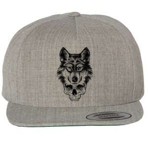 Wolf Head On Skull Graphic Wool Snapback Cap