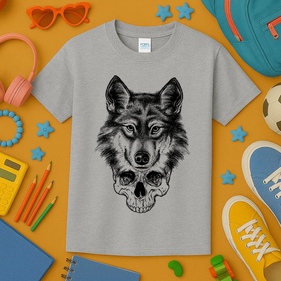 Wolf Head On Skull Graphic Kids T-Shirt