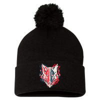 Wolf Head Polygonal Pom Pom 12in Knit Beanie