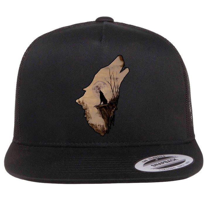 Wolf Howling Alone Flat Bill Trucker Hat