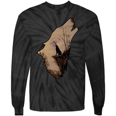 Wolf Howling Alone Tie-Dye Long Sleeve Shirt