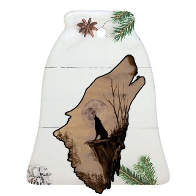 Wolf Howling Alone Ceramic Bell Ornament