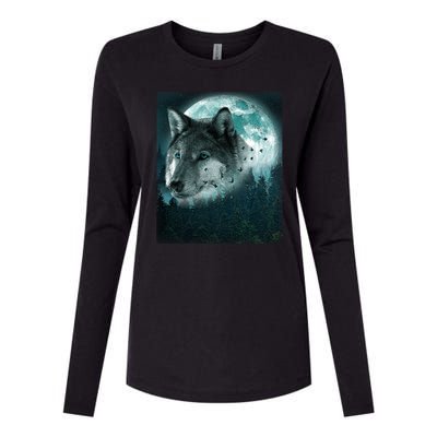 Wolf Moon Forest Wilderness  Womens Cotton Relaxed Long Sleeve T-Shirt