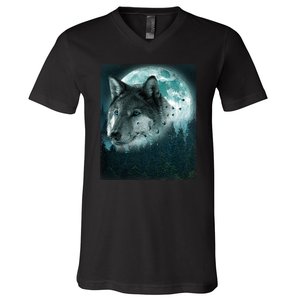 Wolf Moon Forest Wilderness  V-Neck T-Shirt