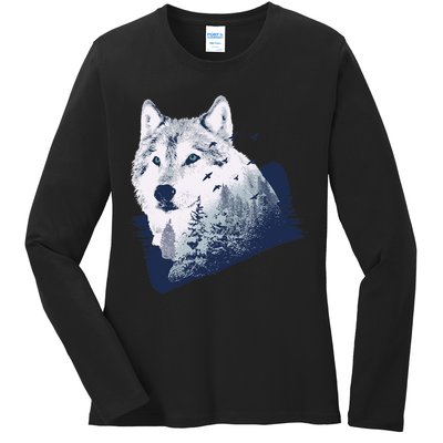 Wolf Wilderness Forest Ladies Long Sleeve Shirt
