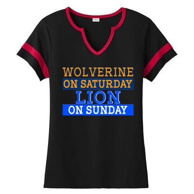 Wolverine On Saturday Lion on Sunday Sports Fan Ladies Halftime Notch Neck Tee