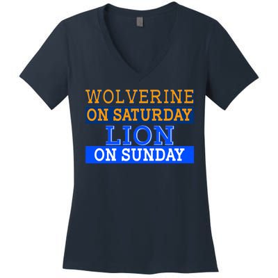 Wolverine On Saturday Lion on Sunday Sports Fan Women's V-Neck T-Shirt