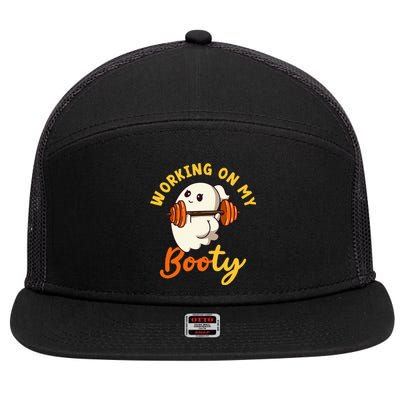 Working On My Booty Booty Funny Halloween Gym Ghost Pun 7 Panel Mesh Trucker Snapback Hat