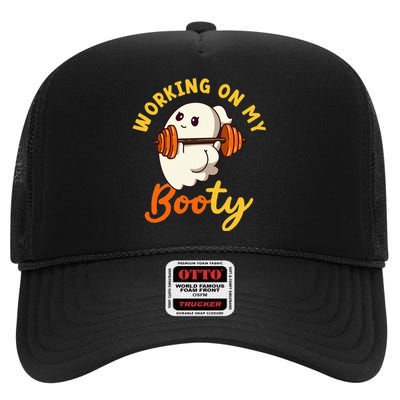 Working On My Booty Booty Funny Halloween Gym Ghost Pun High Crown Mesh Back Trucker Hat