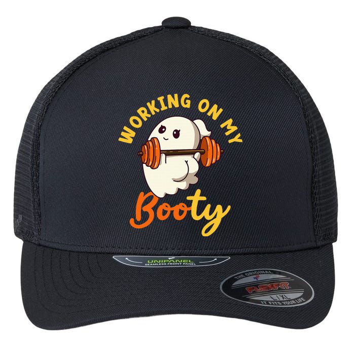 Working On My Booty Booty Funny Halloween Gym Ghost Pun Flexfit Unipanel Trucker Cap