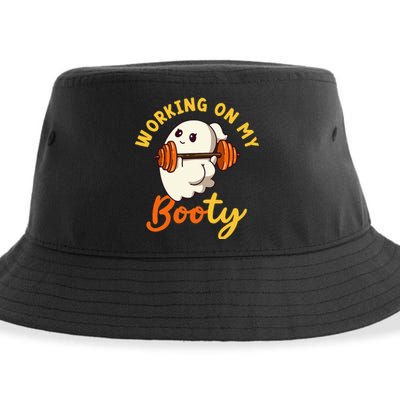 Working On My Booty Booty Funny Halloween Gym Ghost Pun Sustainable Bucket Hat