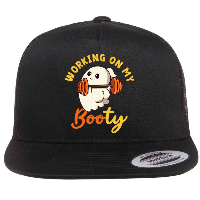 Working On My Booty Booty Funny Halloween Gym Ghost Pun Flat Bill Trucker Hat