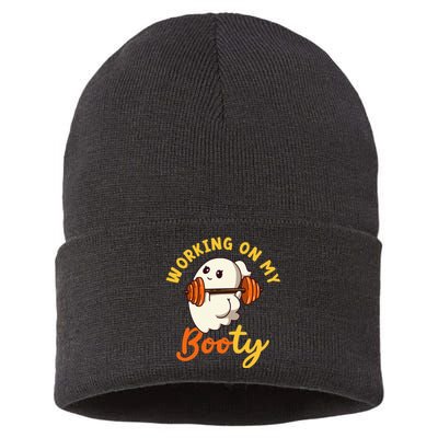 Working On My Booty Booty Funny Halloween Gym Ghost Pun Sustainable Knit Beanie