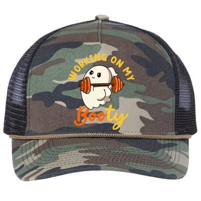 Working On My Booty Booty Funny Halloween Gym Ghost Pun Retro Rope Trucker Hat Cap