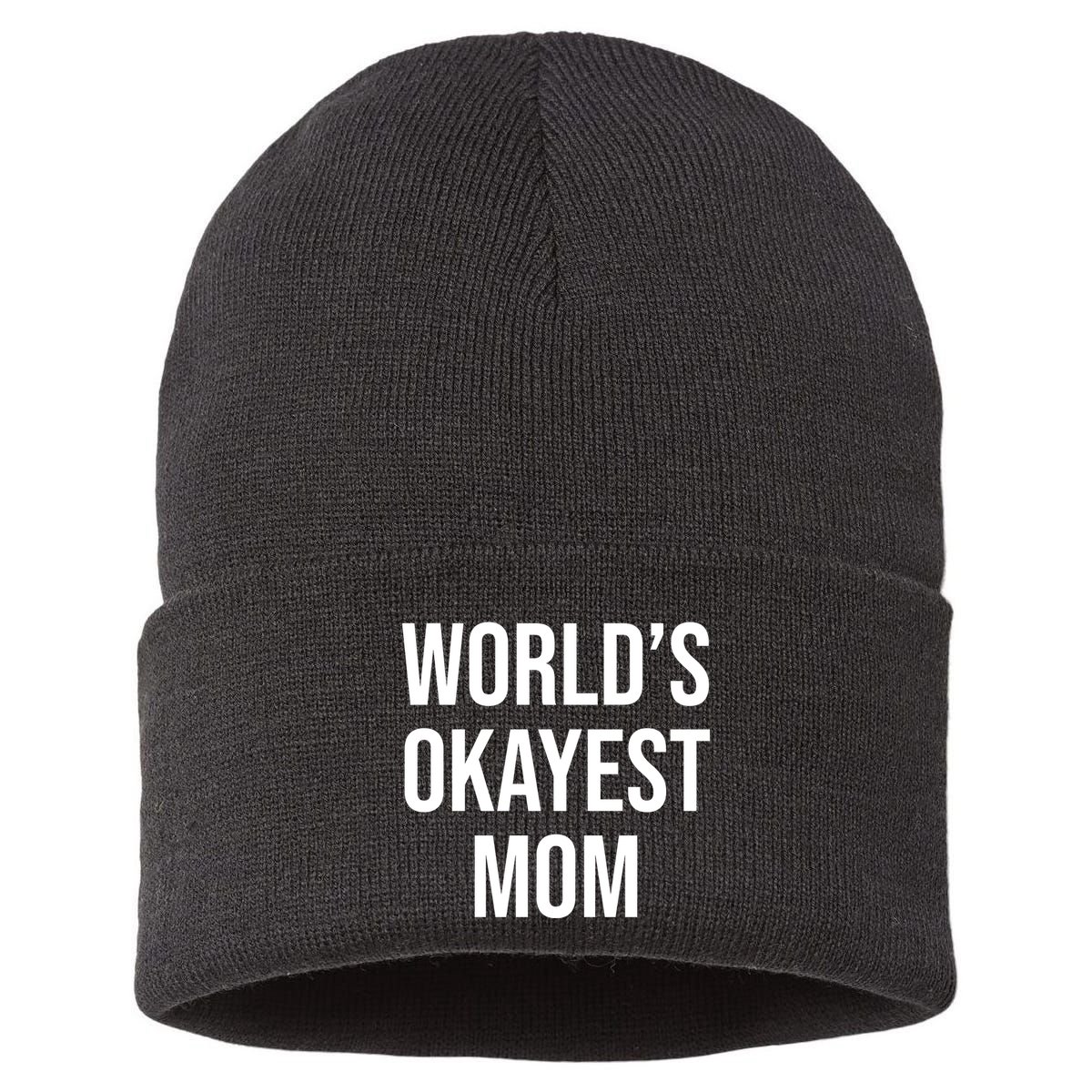 Worlds Okayest Mom Funny Sustainable Knit Beanie