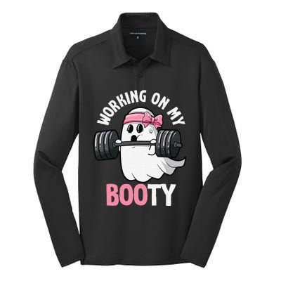 Working On My Booty Spooky Halloween Ghost Gym Workout Pun Silk Touch Performance Long Sleeve Polo