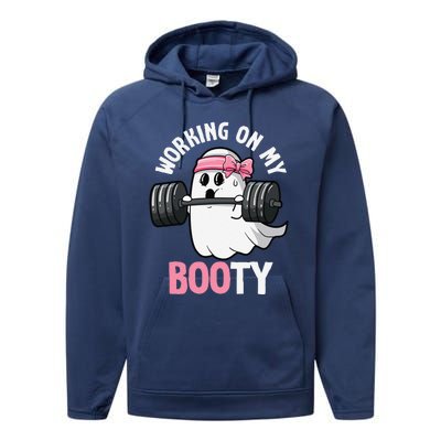 Working On My Booty Spooky Halloween Ghost Gym Workout Pun Performance Fleece Hoodie