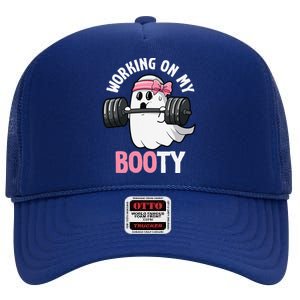 Working On My Booty Spooky Halloween Ghost Gym Workout Pun High Crown Mesh Back Trucker Hat