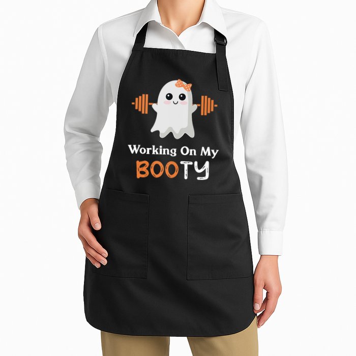 Working On My Booty Funny Halloween Gym Ghost Booty Pun Full-Length Apron With Pockets