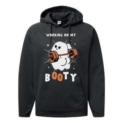 Working On My Booty Halloween Gym Cute Boo Ghost Fitness Performance Fleece Hoodie