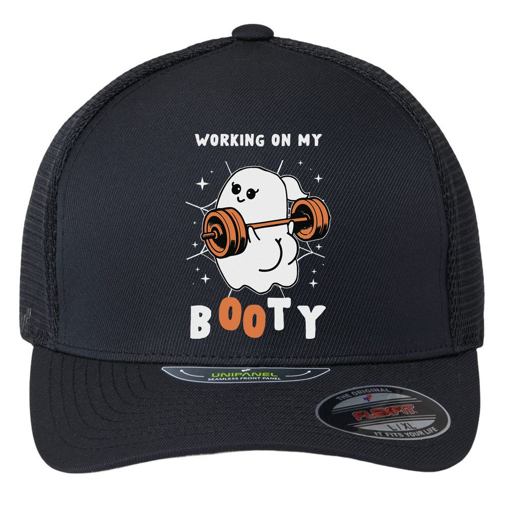 Working On My Booty Halloween Gym Cute Boo Ghost Fitness Flexfit Unipanel Trucker Cap