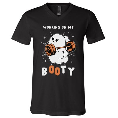 Working On My Booty Halloween Gym Cute Boo Ghost Fitness V-Neck T-Shirt