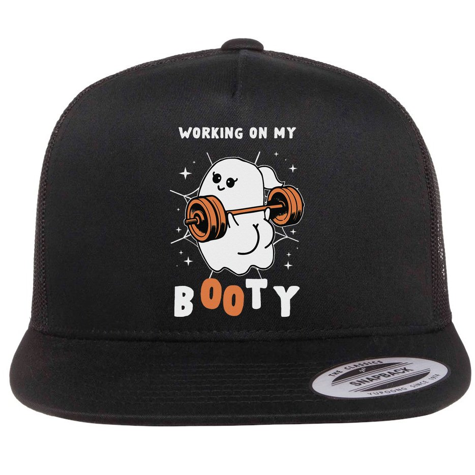 Working On My Booty Halloween Gym Cute Boo Ghost Fitness Flat Bill Trucker Hat
